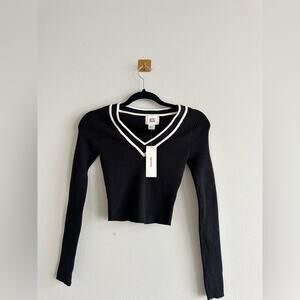 BDG Cropped Ribbed Long Sleeve Shirt Preppy White Stripe Black V Neck Size XS